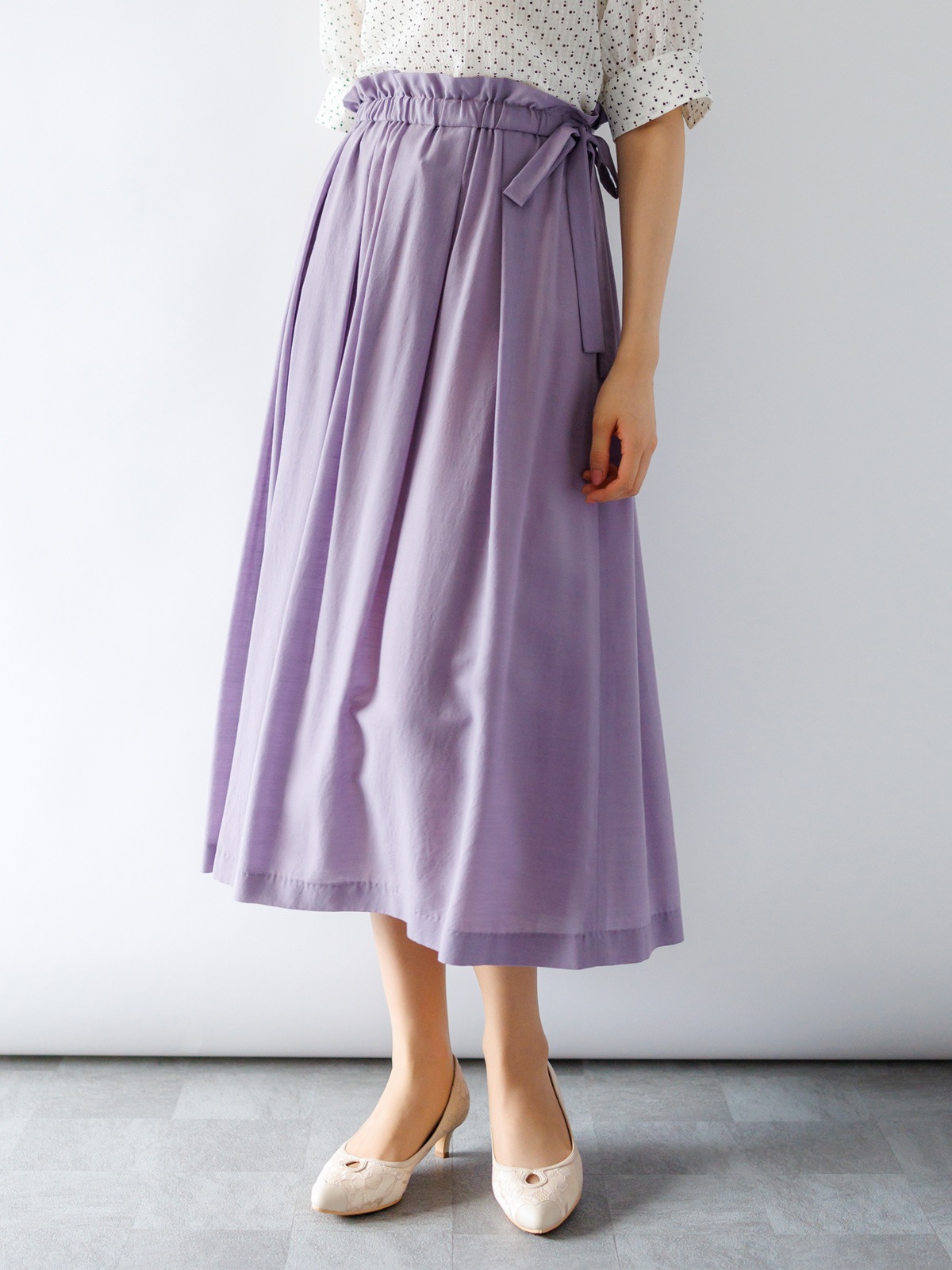 訳あり】ウエストゴムリボン付タックスカート(507551A/ベージュ/M