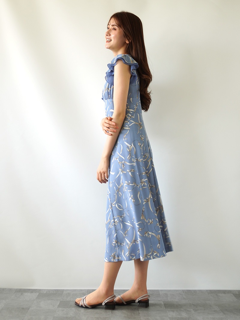 【30％OFF】リボン柄プリントフリル袖ワンピース［キレイめ］