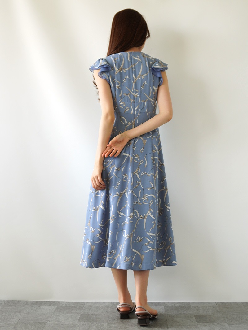【30％OFF】リボン柄プリントフリル袖ワンピース［キレイめ］