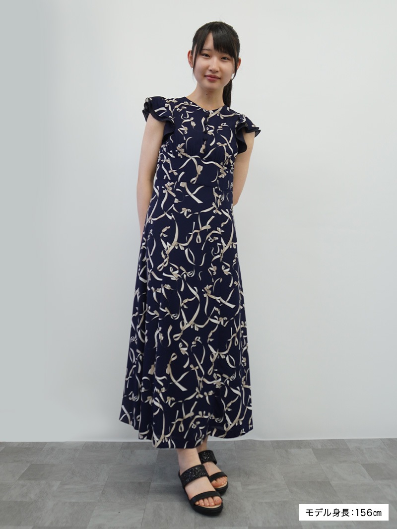 【30％OFF】リボン柄プリントフリル袖ワンピース［キレイめ］