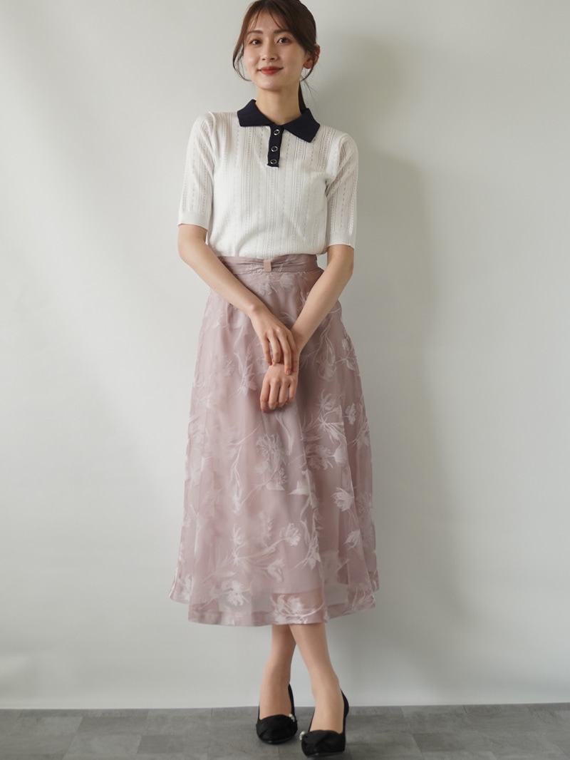 【30%OFF】透かし編衿付半袖ニット