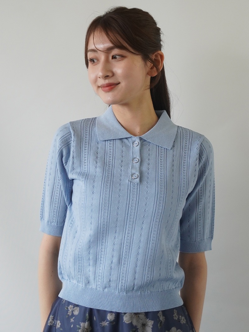 【30%OFF】透かし編衿付半袖ニット