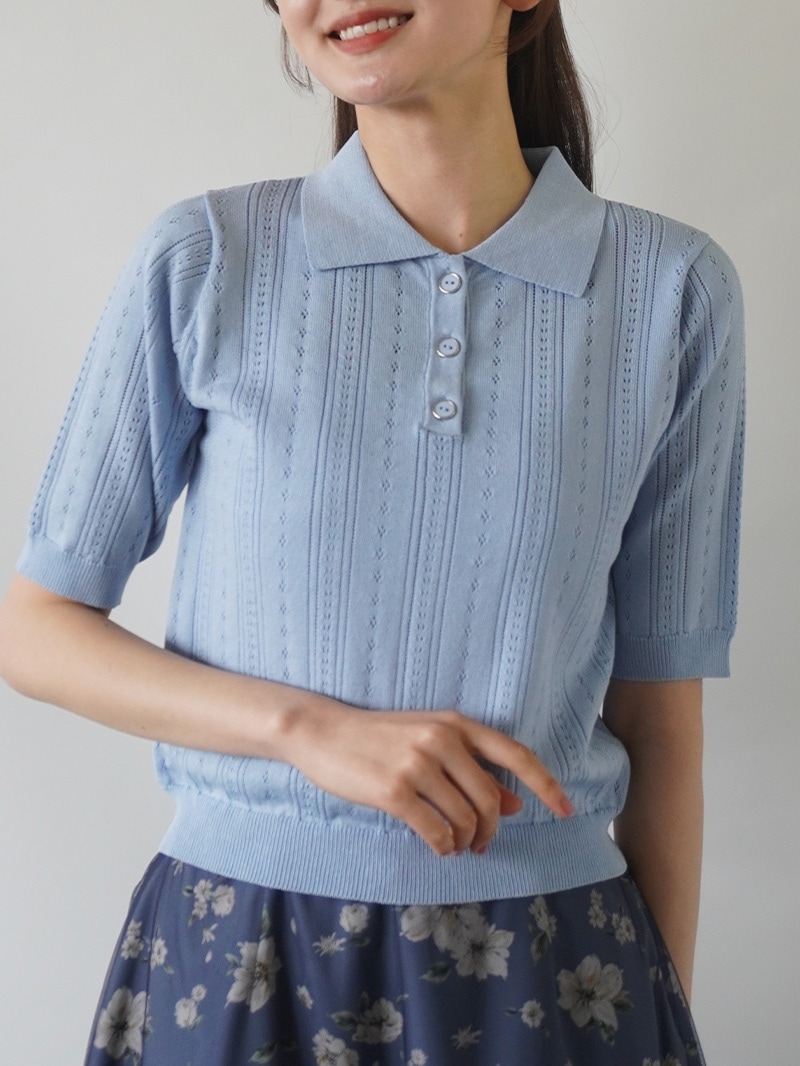 【30%OFF】透かし編衿付半袖ニット