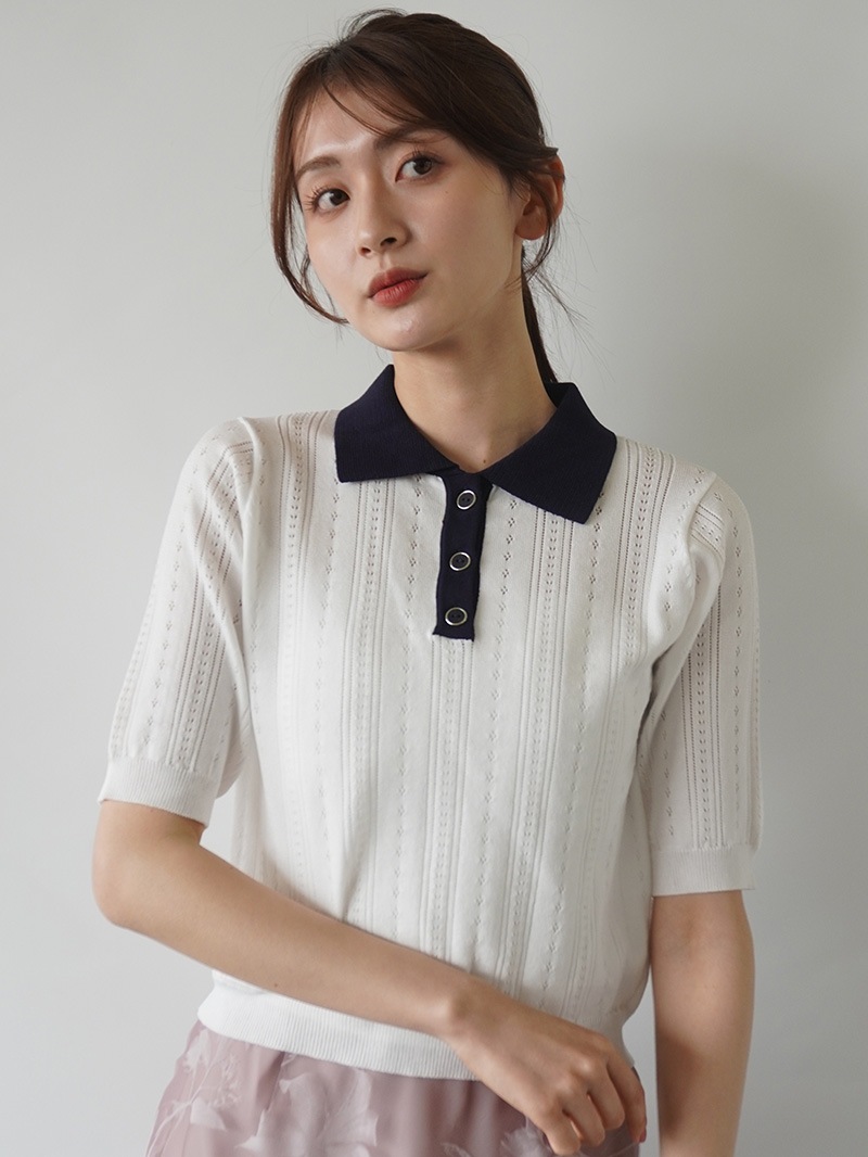 【30%OFF】透かし編衿付半袖ニット