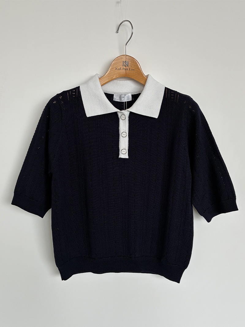 【30%OFF】透かし編衿付半袖ニット