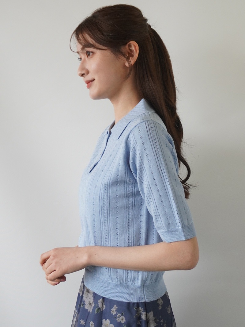【30%OFF】透かし編衿付半袖ニット