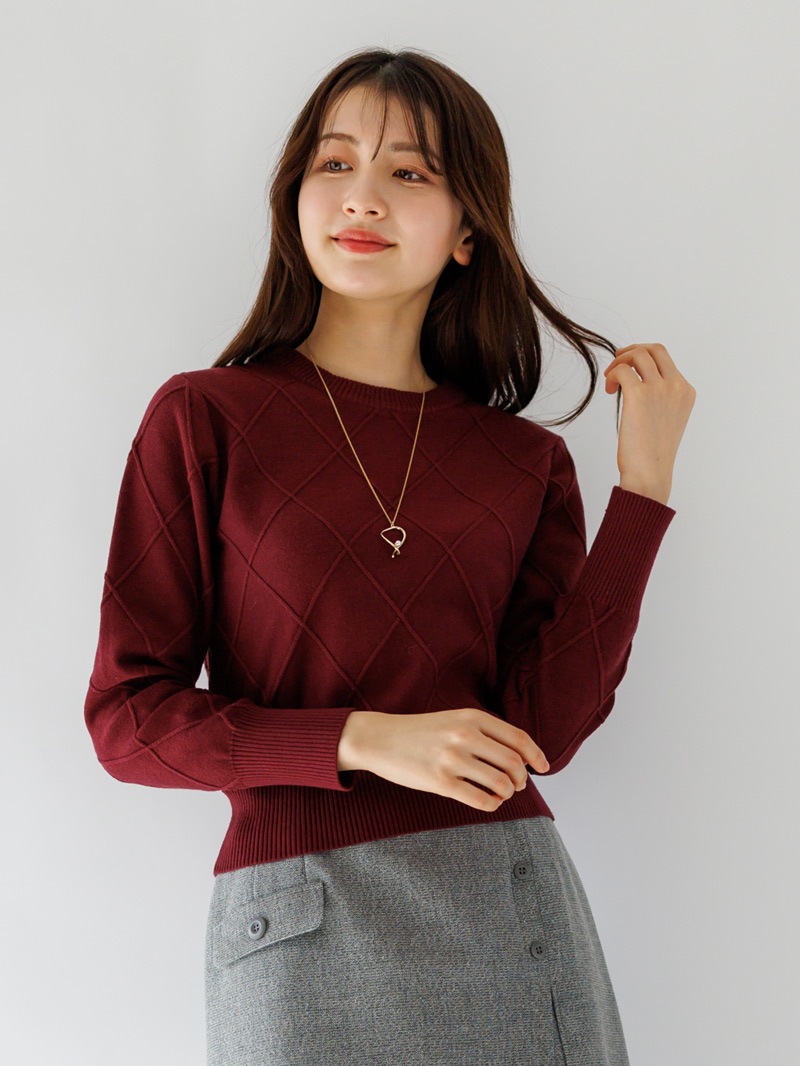 7Gダイヤ柄 丸首ショート丈ニット