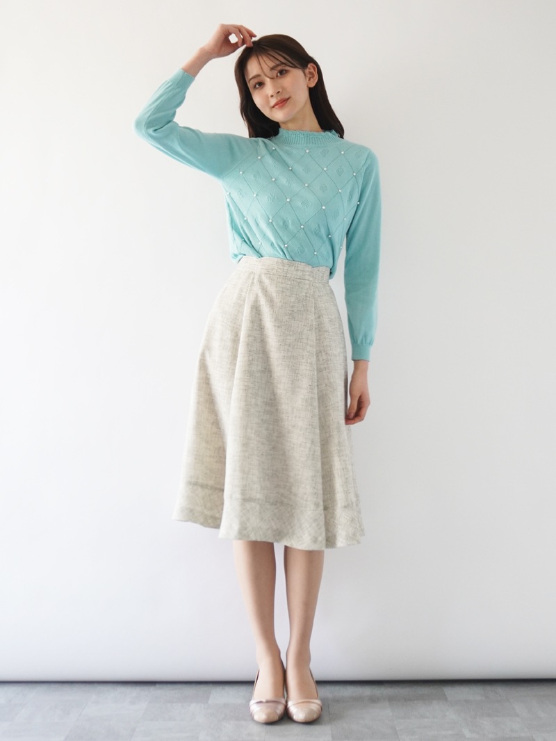 アーガイル柄×パールハイネックニット