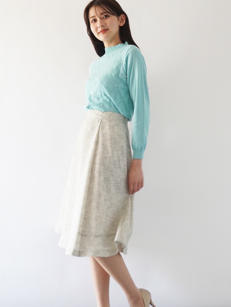 アーガイル柄×パールハイネックニット