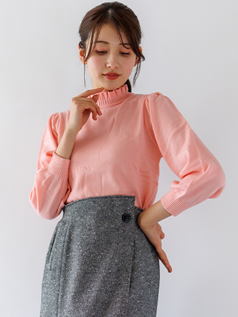 【70%OFF】立衿後リボンビッグスリーブニット