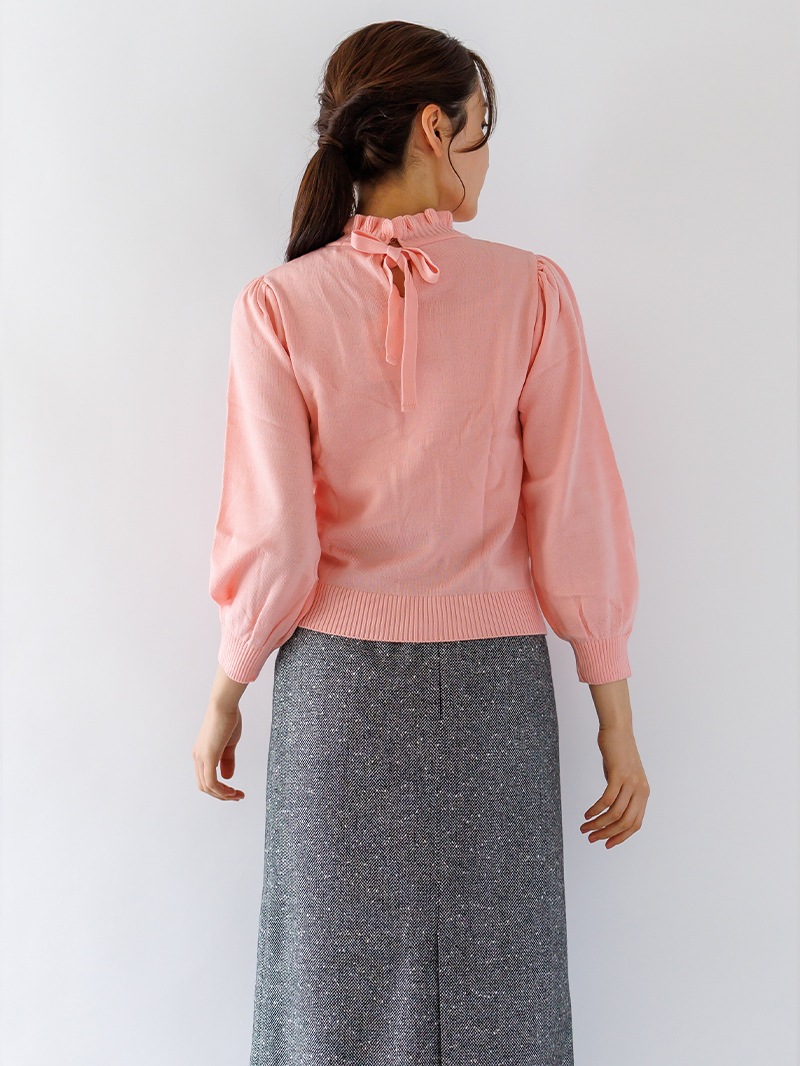 【70%OFF】立衿後リボンビッグスリーブニット