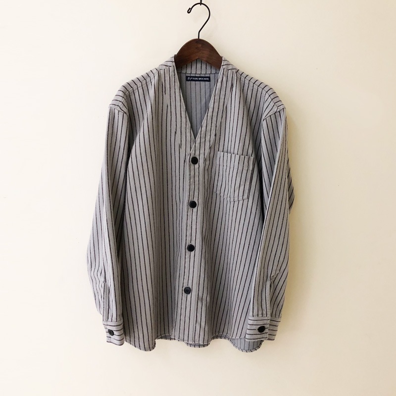 ティグルブロカンテ ビッグマックストライプ Vネックワーク シャツ Light Gray