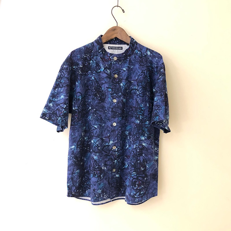 ティグルブロカンテ Q.B ハーフリネン バンドカラーオープン S/S シャツ unisex Blue