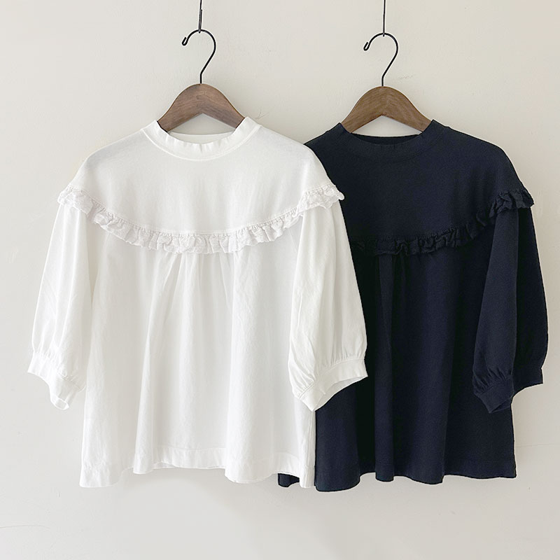 ティグルブロカンテ オーガニック30天竺 ラウンドヨークフリルTシャツ