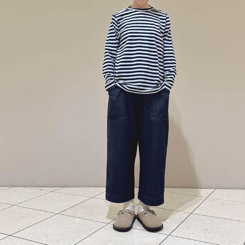 ティグルブロカンテ Indigoボーダー天竺 Ladiesクルー9分袖T