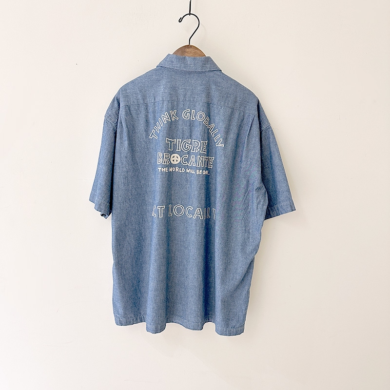 ティグルブロカンテ The world will be one刺繍シャンブレー ベニスS/S シャツ unisex indigo