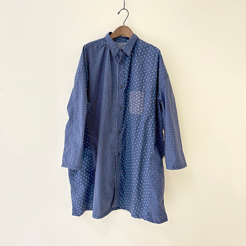 FUNSET OF ART ファンセットオブアート 小紋柄パッチワークロングマキニョンシャツ