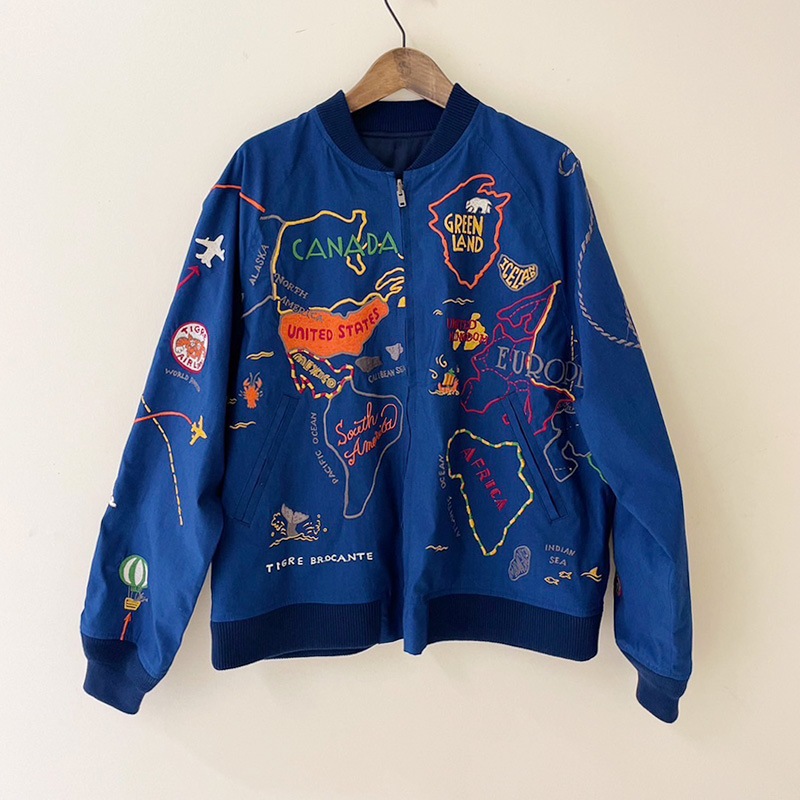 ティグルブロカンテ WorldMap 刺繍 スカジャン unisex Indigo Nylon