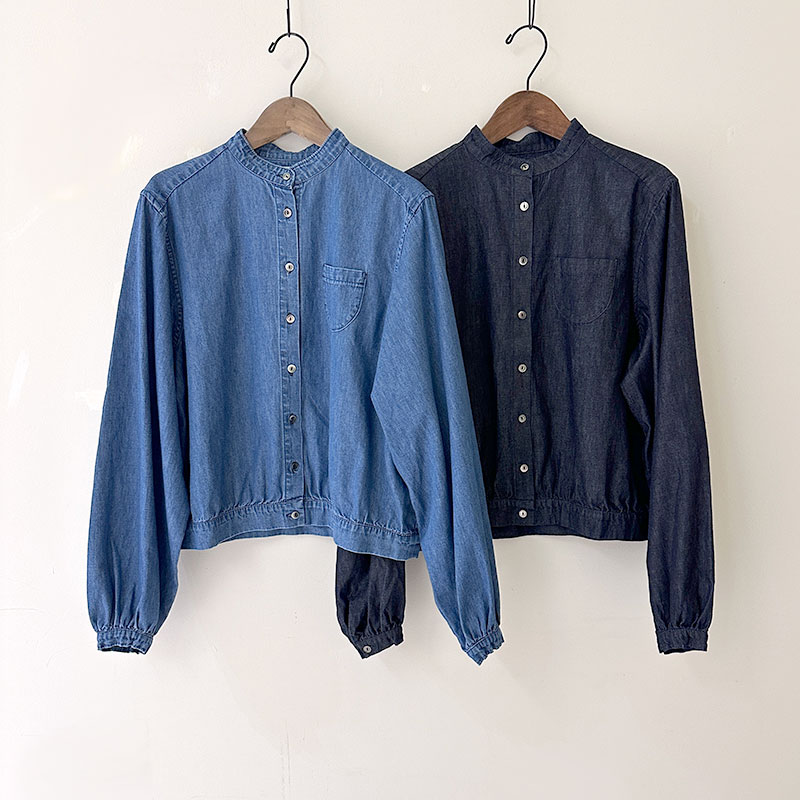 ティグルブロカンテ 6ozDenim スタンドギャザーブラウス Fade
