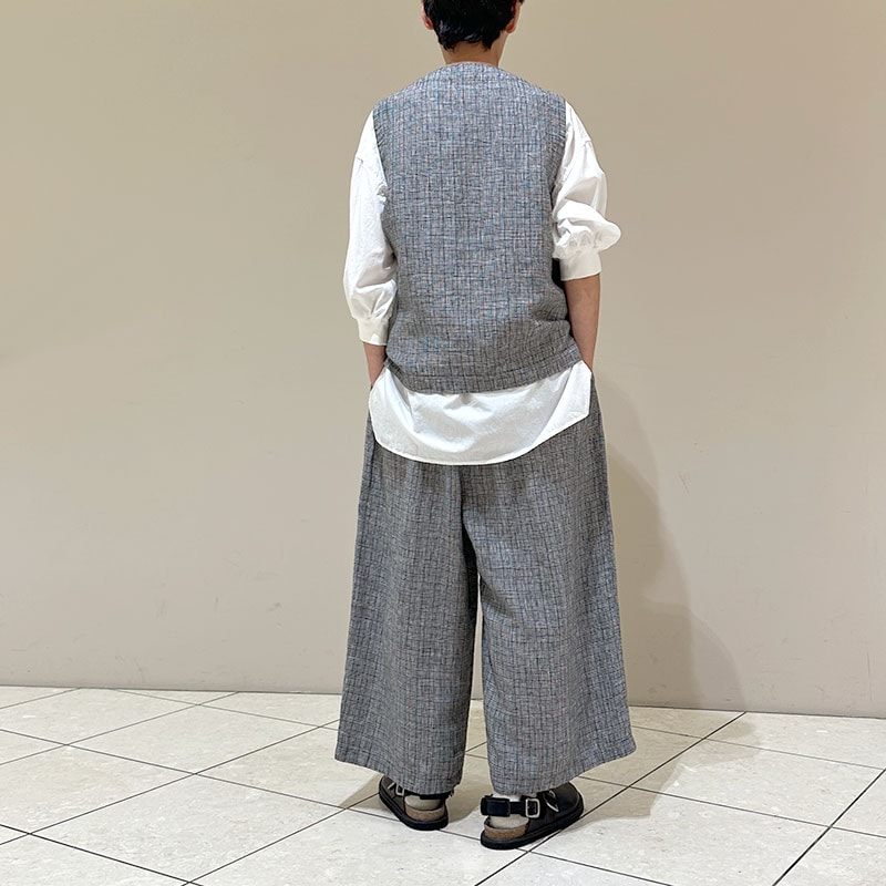 ティグルブロカンテ モノクロチェックリネン ギャザーワイドパンツ