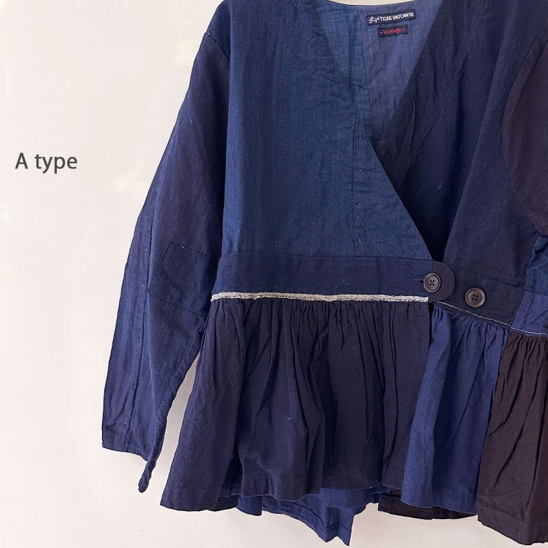 ティグルブロカンテ 藍の古布 ベルトギャザーチュニック Indigo