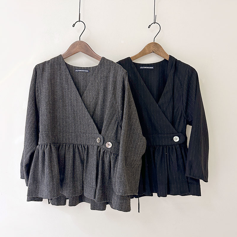 ティグルブロカンテ ピンストライプウール ベルトギャザーチュニック