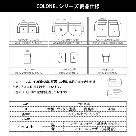 ワンソファー94 ソファー 左右選べる COLONEL カウチソファ フルカバーリング 【コロネル】