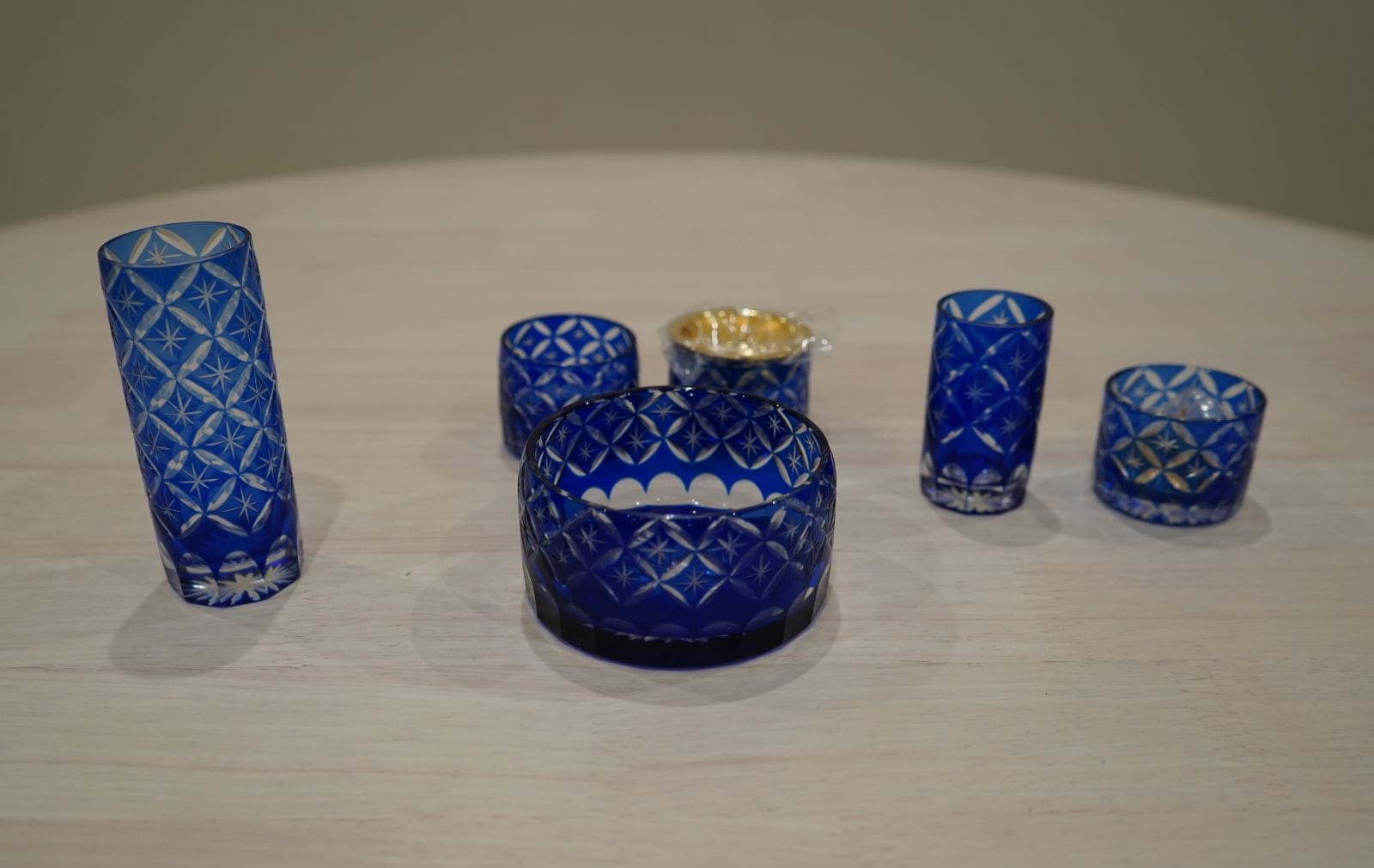 フラン切子硝子6点セット【ブルー3寸】