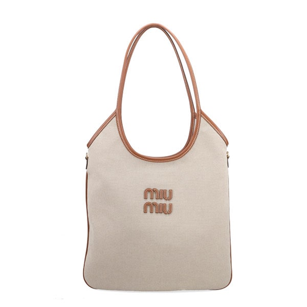ミュウミュウ バッグ レディース MIUMIU アイビー キャンバス レザーバッグ 5BG231 ACRN F062F NATURAL+BRANDY ベージュ+ブランデー