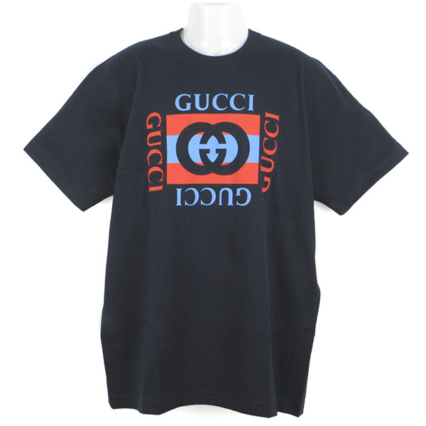 グッチ Tシャツ メンズ GUCCI コットンジャージー プリントTシャツ 796395 XJHDB 4027 ネイビー Mサイズ