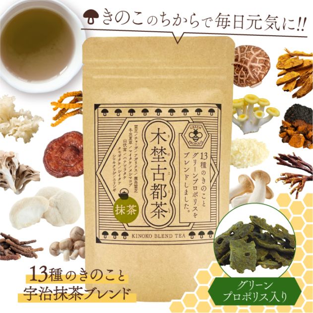 グリーンプロポリス入り 木埜古都茶 きのことちゃ 13種のきのこと無添加抹茶ブレンド