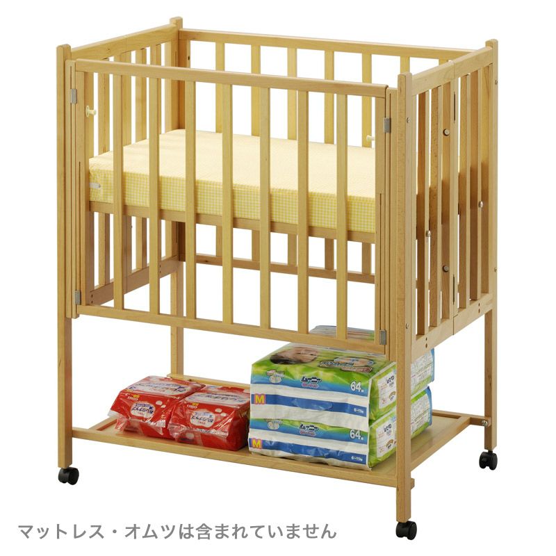 折りたたみ ミニベビーベッド(収納板付)【国産】里帰り出産にも便利な折りたたみ式で組立も簡単 床板の高さが76cmで屈まずお世話ができるハイポジション［レンタル］