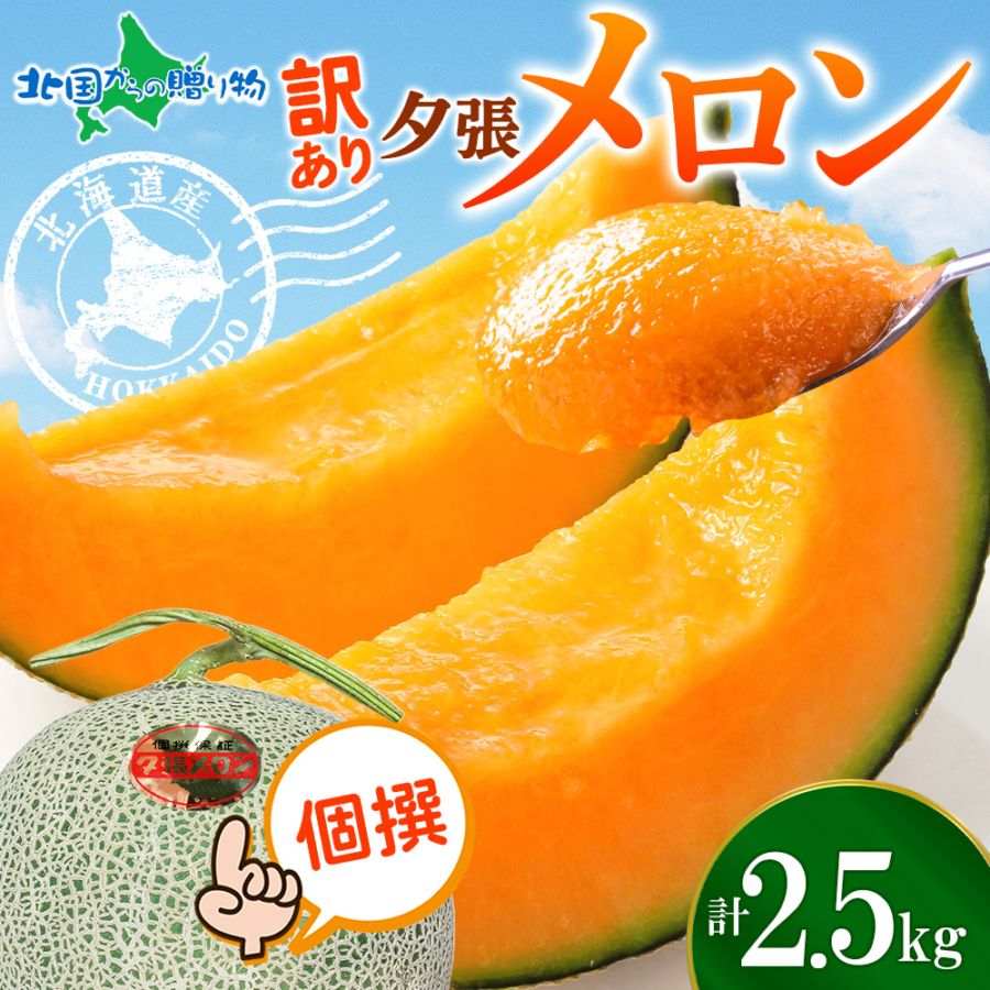 訳あり 北海道産 夕張メロン 個撰 2玉 計2.5kg前後 /果物/メロン/フルーツ/北国からの贈り物/送料無料 ◆出荷予定：6月中旬-8月中旬※日時指定不可