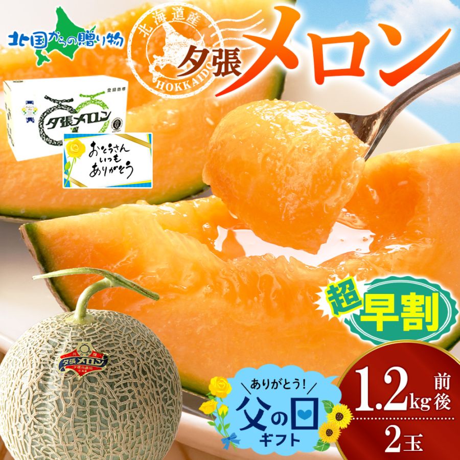 【父の日早割2026】 夕張メロン 北海道産 共選 良品 1.2kg前後×2玉 メッセージカード 食べ方ガイド付 父の日 メロン ギフト 父の日ギフト 食べ物 父の日 フルーツ Gift melon 贈答 果物 贈り物 お父さん 父の日 プレゼント 送料無料◆発送予定：6月13日-6月21日