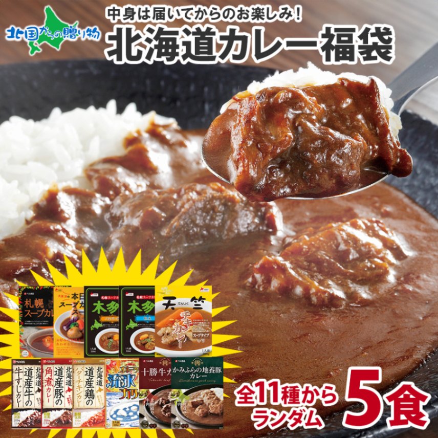 北海道 カレー福袋  （ランダム5食） 福袋 お楽しみ食べ比べ5食セット 北海道 お土産 カレー セット/チキンカレー/クリシュナ オホーツク流氷カレー/レトルトカレー 常温保存 カレー レトルト 詰め合わせ ご当地カレー お取り寄せ curry