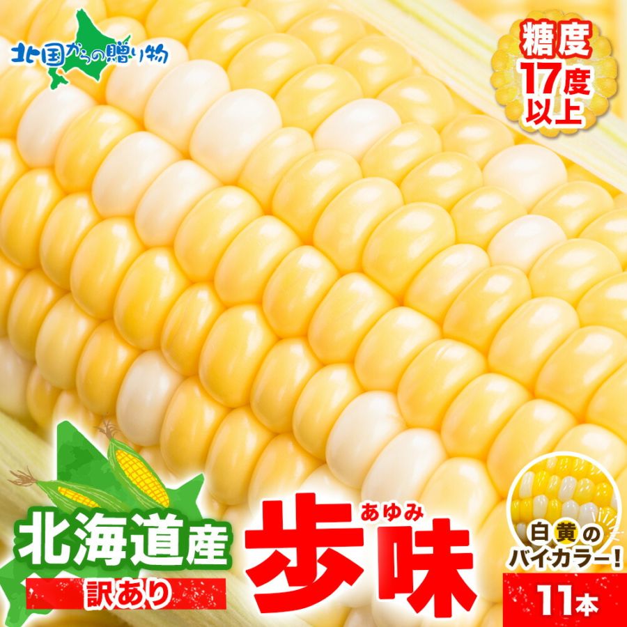 北海道産 訳あり とうもろこし 歩味 あゆみ 11本 バイカラー 鮮度 トウモロコシ ギフト お中元 産地直送 国産 朝採り 新鮮 食品 野菜 やさい 産直 おつまみ 朝採れ 生 夏ギフト 御中元 贈答品 贈り物 ご褒美 料理 調理 冷蔵 ◆出荷予定：8月中旬-9月下旬発送  ※日時指定不可