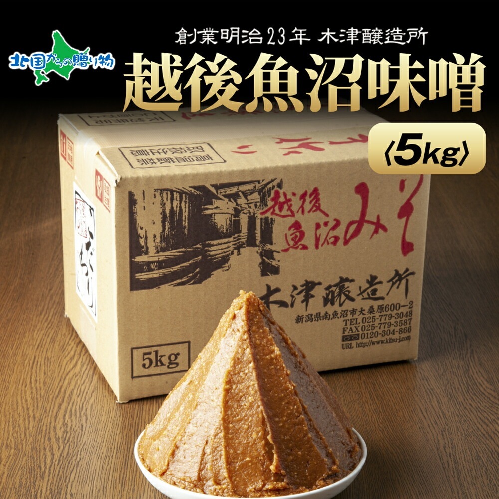 新潟県 南魚沼産 越後魚沼味噌 大容量 業務用 5kg 箱 魚沼 みそ 発酵食品 味噌汁 国産 原料 備蓄 長期保存 木津醸造所 送料無料
