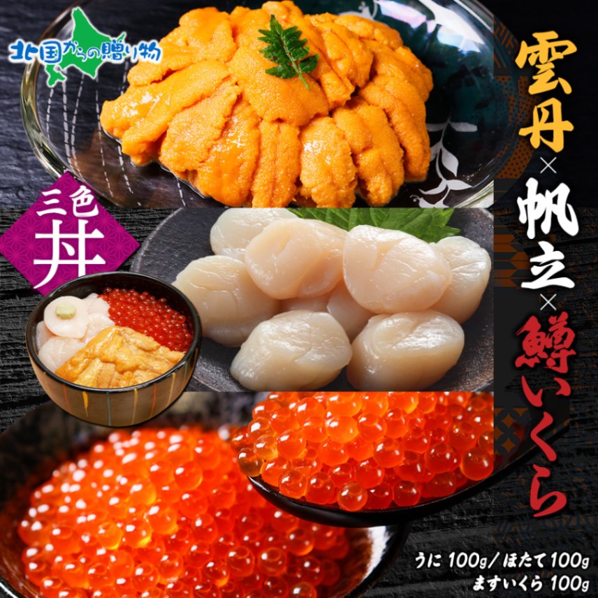うに 100g 鱒いくら醤油漬け 100g ホタテ 100g セット ウニ チリ産 冷凍 雲丹 いくら イクラ ますいくら ほたて 帆立 海鮮 海鮮丼 三色丼 北海道加工 北海道 甘くない バレンタイン チョコ以外 海鮮 福袋