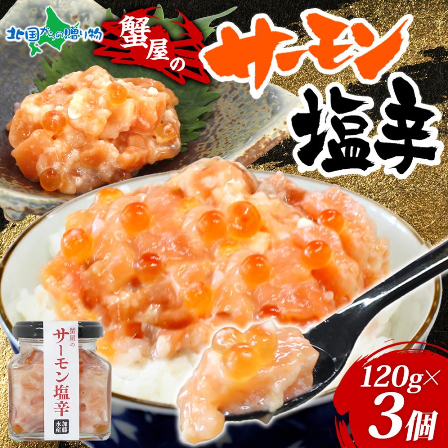 サーモン塩辛 120g  (3個）北海道 小分け サーモン 塩辛 鮭 さけ サケ いくら 漬け 塩から しおから つまみ おつまみ アレンジ 海鮮 ご飯のお供 グルメ 冷凍 瓶 瓶詰め 酒の肴 おつまみ お取り寄せ グルメ ギフト プレゼント 送料無料 北国からの贈り物