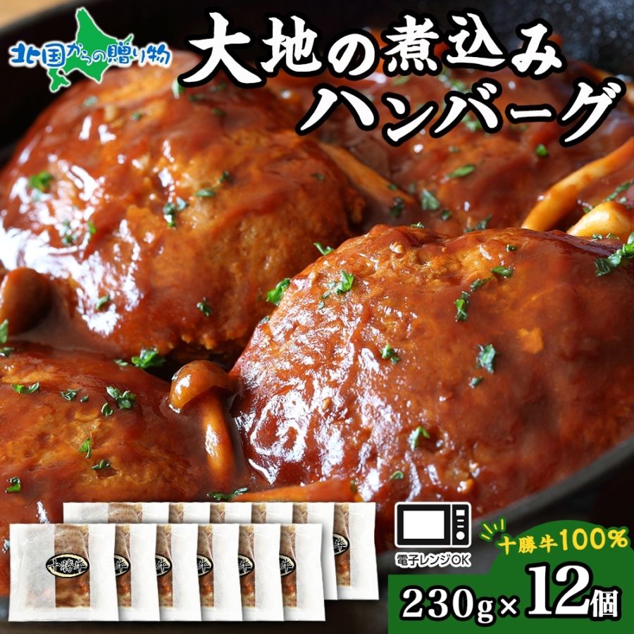 北海道 十勝牛 大地の煮込みハンバーグ（12個）野菜入り お手軽レンチン セット 牛100% 国産牛 牛肉 ハンバーグ 冷凍 煮込みハンバーグ レトルト 惣菜 小分け 冷凍 牛肉100% 大きい レンジ 簡単 国産 北海道 十勝  送料無料