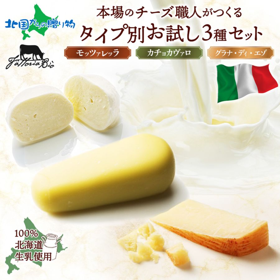 イタリアのチーズ職人がつくる タイプ別 チーズ お試し 3種セット モッツァレラ カチョカヴァロ グラナディエゾ チーズ 北海道産 生乳 手作り イタリアチーズ 加工品 グルメ お取り寄せ おつまみ チーズ ファットリアビオ北海道