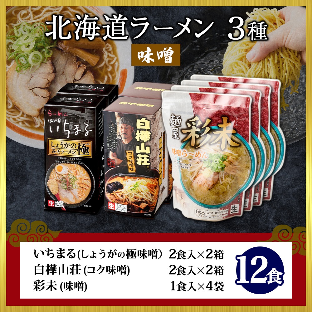 北海道 ラーメンセット 人気店 味噌 3種12食セット 彩未 白樺山荘 四