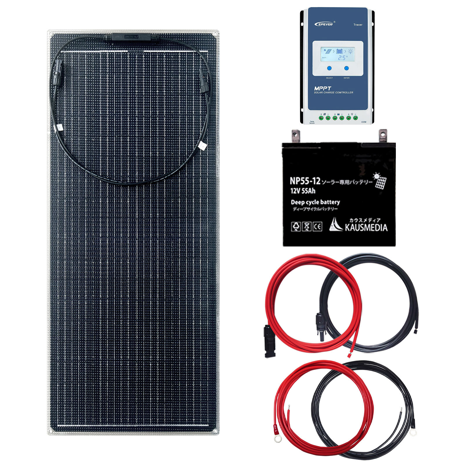 12V 60W ソーラーパネル 55Ahバッテリー ソーラー充電セット MPPT 高効率 発電 高耐久性 ETFE素材 単結晶 薄型 軽量 セミ フレキシブルパネル 10A チャージコントローラー 12V 24V 自動認識 発電蓄電 維持充電 船舶 ボート 車中泊