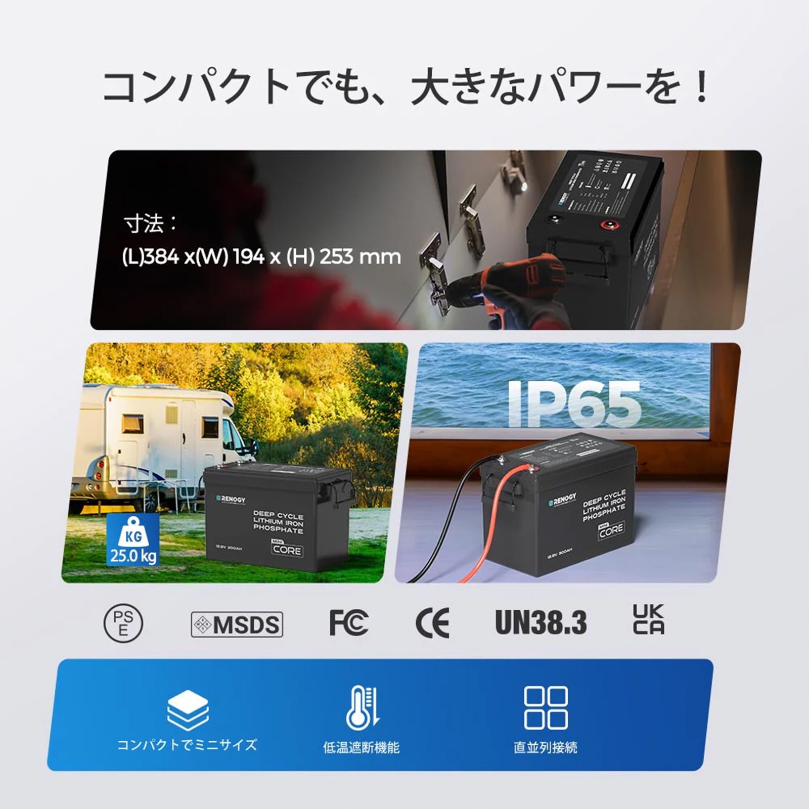 12V 300Ah RENOGY Coreシリーズ Mini リン酸鉄リチウムイオンバッテリー 軽量 大容量 低温保護機能 横向き設置可 非常用電源 LiFePO4 防災 サブバッテリー 車中泊 アウトドア