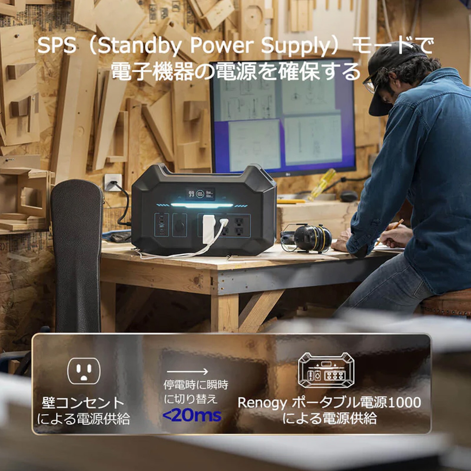 RENOGY ポータブル電源1000 998Wh／24000mAh 正弦波 50/60Hz切替 AC100V 軽量 リチウムイオン 家庭用 蓄電池 急速充電 BMS保護機能付き 省エネモード ソーラー充電 車内充電 防災 非常用 車中泊 アウトドア 船舶