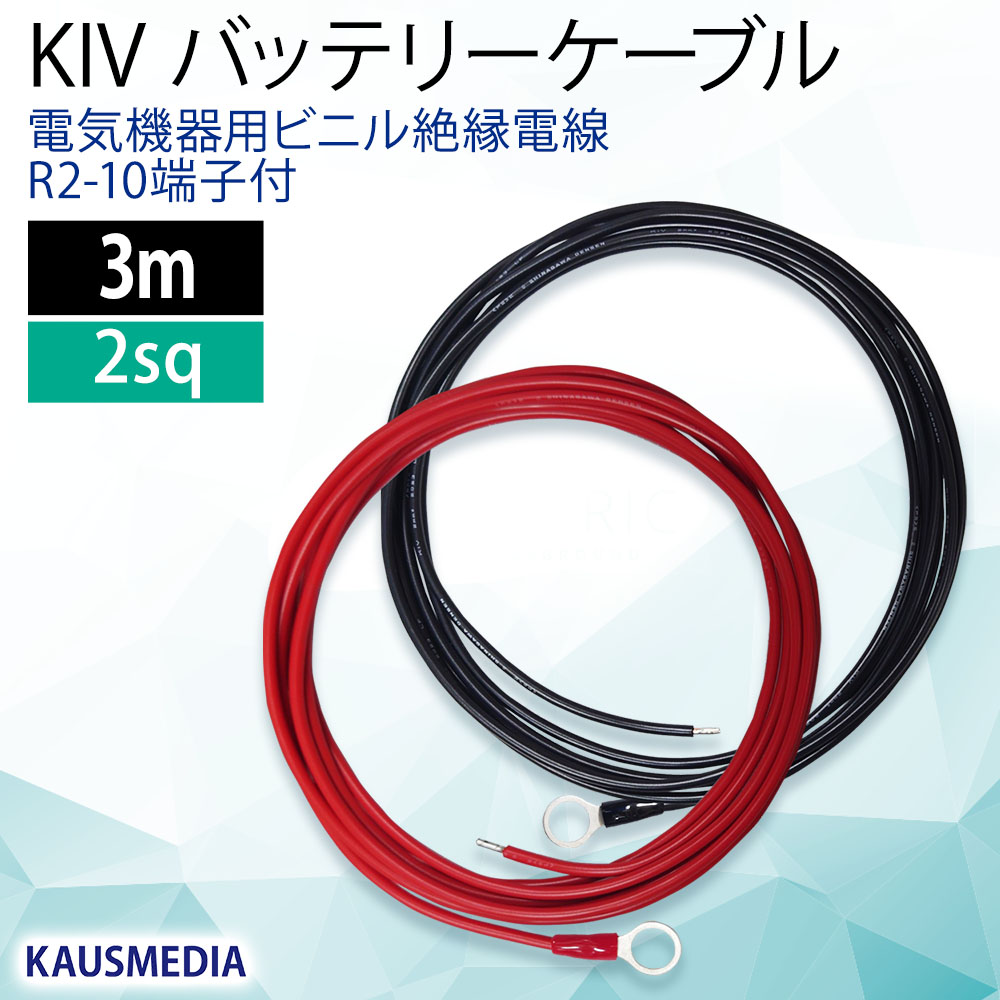 3m KIV 2SQ バッテリー ケーブル ソーラー充電 R2-10 丸形 裸圧着端子 電気柵 接続 赤 黒 各1点 セット