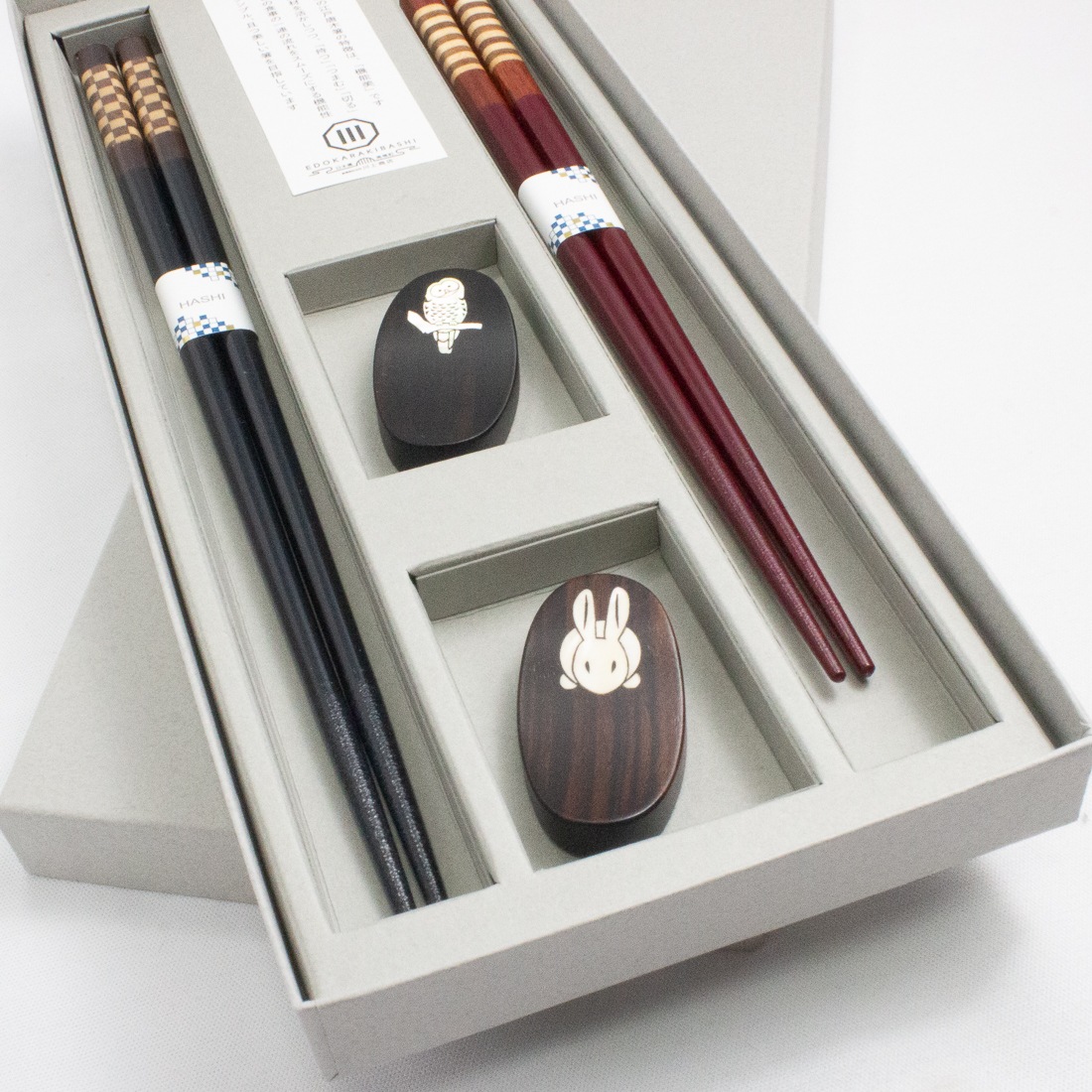 寄木黒檀・紫檀　夫婦　貝象嵌箸置付きギフト