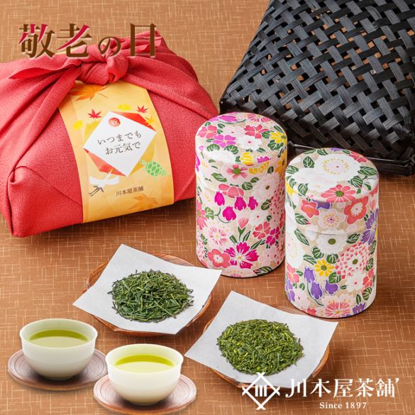 敬老の日 ギフト お茶 2026 新茶 伝説の竹籠付きお茶セット 高級静岡茶2種 素敵な竹かごセット 和染め花々茶缶 国産風呂敷