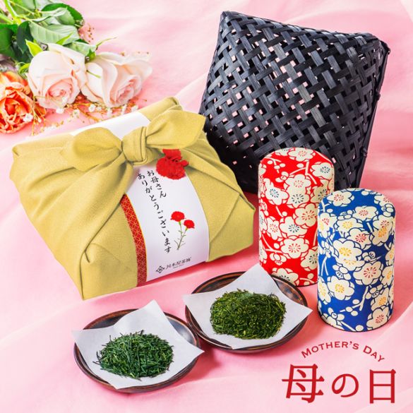 母の日 ギフト 伝説の竹籠付きお茶セット 高級静岡茶2種 たっぷり100g入り 素敵な竹籠セット 国産風呂敷付き 高級茶缶