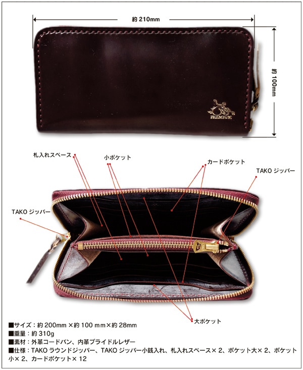 革蛸謹製 匠PREMIUM 台形ラウンドジッパーワレットコードバン